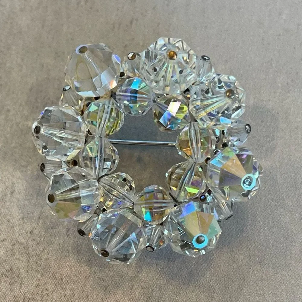 Vintage AB Crystal Bead Circle Brooch Pin 50’s
